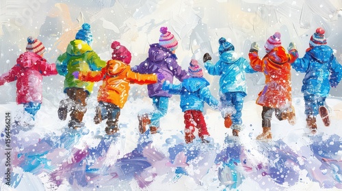 Children in colorful winter coats playing in the snow painting style back view happy together