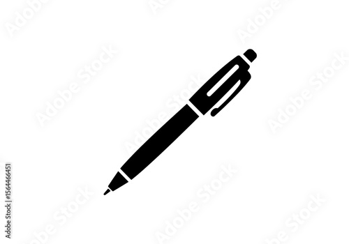 A black and white image featuring a single ballpoint pen with a clip and a pointed tip design element