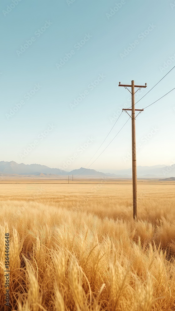 Fototapeta premium Vast expanse of golden wheat under a serene sky featuring a weathered wooden power pole with a mountain backdrop