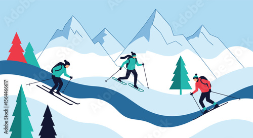Three Athletes Enjoying Skiing Down a Snowy Mountain Slope Surrounded by Pine Trees and Majestic Peaks on a Clear Day
