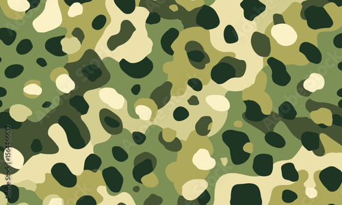 Green leopard print, seamless pattern, earthy colors, simple shapes, minimalist design, olive green and beige color palette, vector illustration, flat style, vintage feel, camouflage background