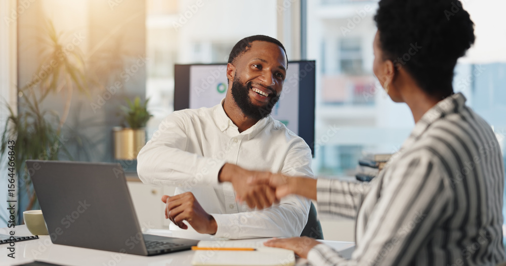 Collaboration, handshake and welcome with business black people in office for agreement or success. Partnership, thank you and smile with employee team shaking hands at work for bonus or promotion Collaboration, handshake and welcome with business black people in office for agreement or success. Partnership, thank you and smile with employee team shaking hands at work for bonus or promotion