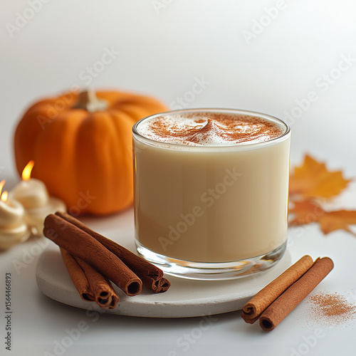 Pumpkin spice latte with cinnamon sticks and autumn decor