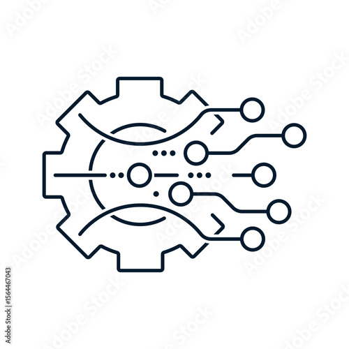 Gear, wires. Concept of transformation process, digital technologies. Vector linear icon isolated on white background.