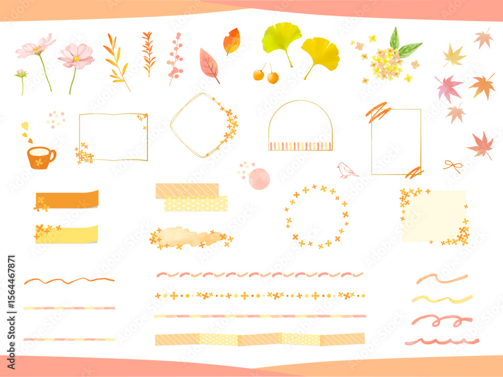 Fototapeta premium 秋の可愛いイラストやあしらい、フレーム素材のセット