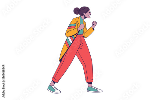 Energetic woman with purple hair in a colorful outfit confidently strides forward with fists clenched in a triumphant pose
