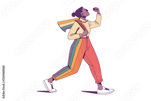 Person with rainbow striped pants and bag walks confidently with fist raised celebrating pride and individuality in a modern stylized illustration
