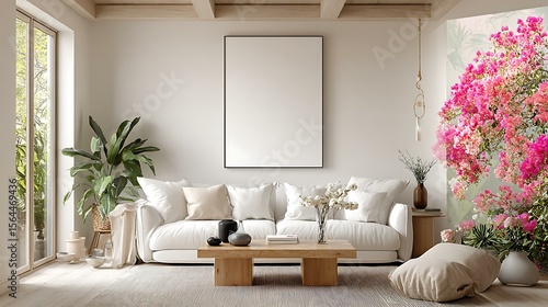Wallpaper Mural Minimalist Interior Mockup of a modern living room in Bangkok with white sofas, and a large blank vertical canvas hanging on a white wall Contemporary Interior Design Mockups Art  Torontodigital.ca