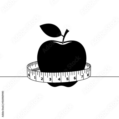 Black apple wrapped in measuring tape on white background  