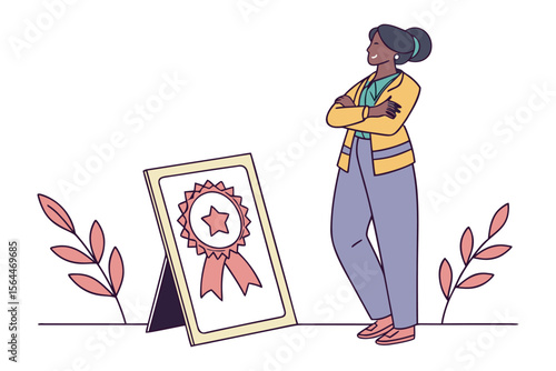Proud woman admiring her award certificate with a star and ribbon symbolizing achievement and recognition in a professional setting