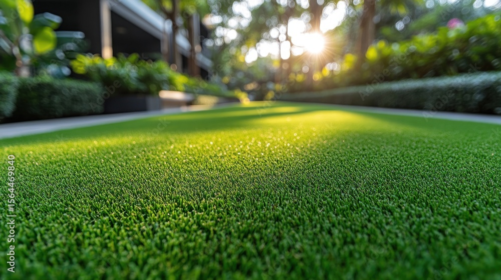 Obraz premium Artificial grass path, sunlight filtering through trees