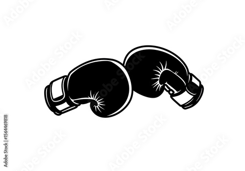 Two black boxing gloves are positioned against a white background in a simple graphic style