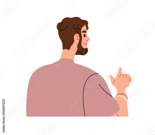 Man pointing ahead with finger, view from back, behind. Happy smiling male character looking and showing, indicating with hand gesture, guiding. Flat vector illustration isolated on white background