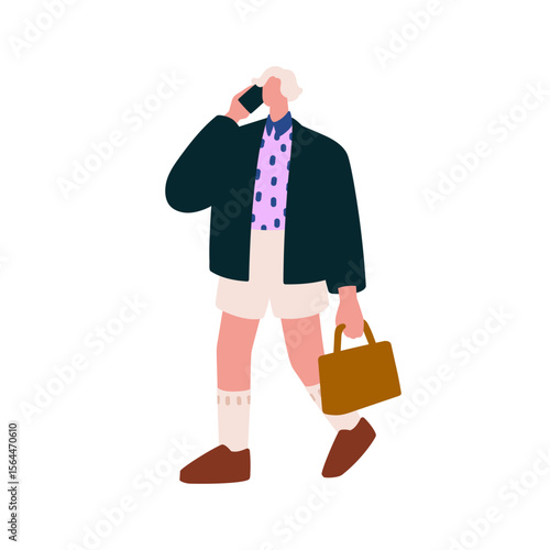 Modern style man in fashion outfit, walking outdoors during mobile phone call. Stylish young business character going with smartphone and bag. Flat vector illustration isolated on white background