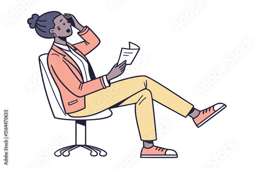 Stressed woman in office chair holding paper with hand on forehead expressing shock or disbelief