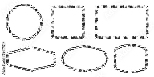 Doodle embroidery patches set. Hand drawn geometric shapes with stitches.