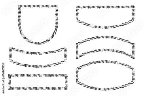 Doodle embroidery patches set. Hand drawn geometric shapes with stitches.