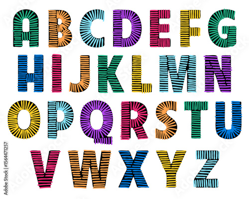 Doodle colorful embroidery alphabet. Font letters stitched with hand drawn vector thread.