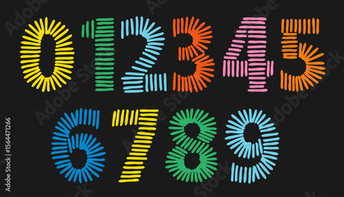 Doodle colorful embroidery numbers. Font signs stitched with hand drawn vector thread.