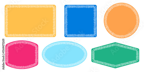 Doodle colorful embroidery patches set. Hand drawn geometric frames with stitches.