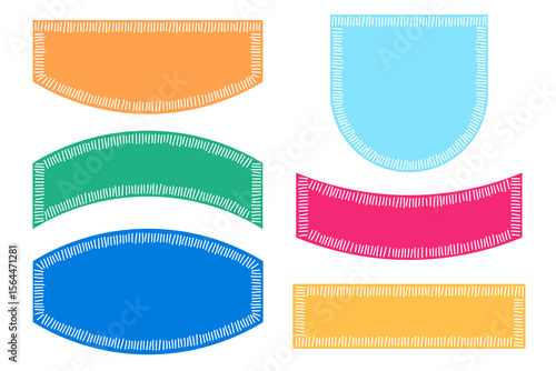 Doodle colorful embroidery patches set. Hand drawn geometric frames with stitches.