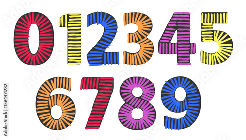 Doodle colorful embroidery numbers. Font signs stitched with hand drawn vector thread.