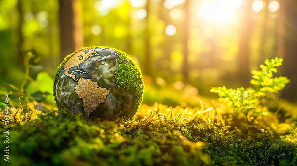 Fototapeta premium Earth globe resting on moss in a lush forest signifies nature conservation and sustainability for a greener future.