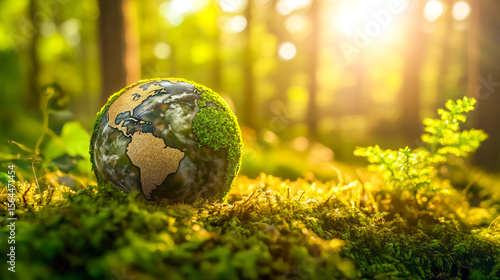 Earth globe resting on moss in a lush forest signifies nature conservation and sustainability for a greener future.