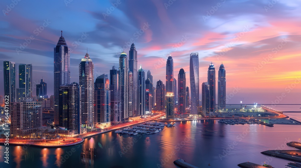 Obraz premium City skyline at dusk with skyscrapers reflecting in the water under a colorful sky at twilight hour