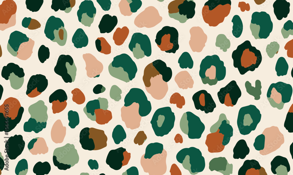 Fototapeta premium seamless pattern of green leopard spots on a beige background, with earthy tones and a hand-drawn doodle style, presented as a vector illustration featuring simple shapes.