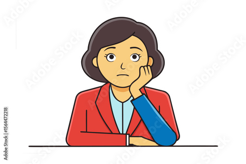 A bored woman in a red blazer and blue shirt rests her chin on her hand looking uninspired and weary at a desk