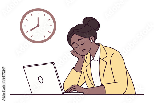 Tired businesswoman resting her head on her hand while looking at her laptop with a clock in the background indicating late hours