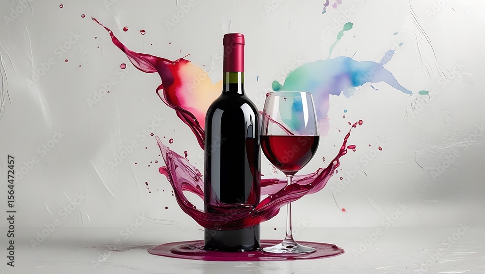 Fototapeta premium Red wine bottle and glass with splash effect for wine lovers and connoisseurs