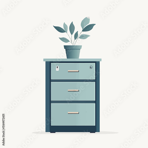 a filing cabinet and plant on top