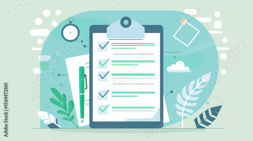 Checklist and stopwatch illustration representing task completion and time management