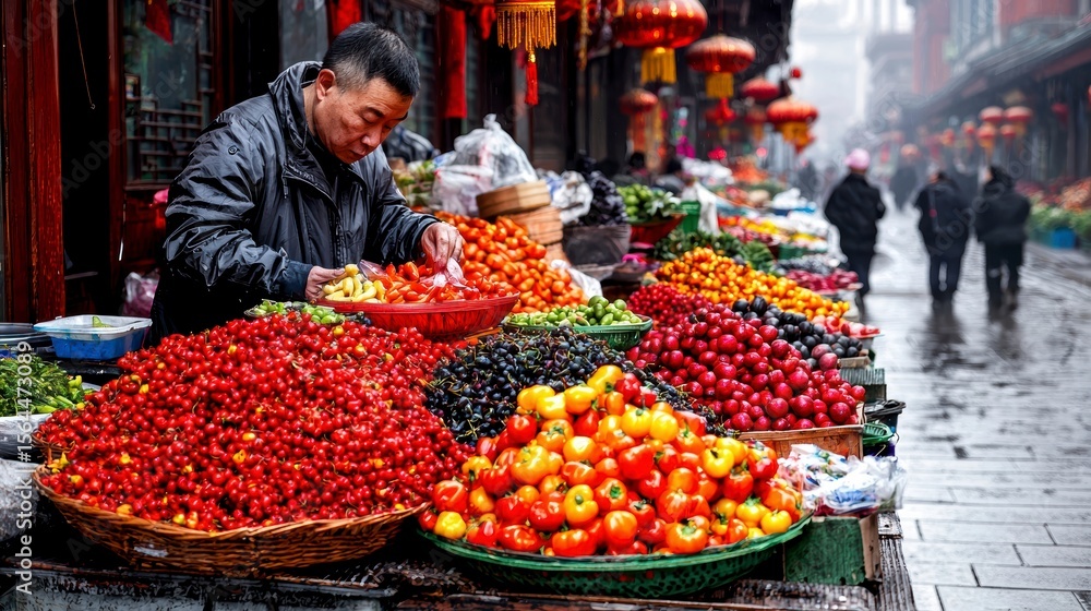 Fototapeta premium Vibrant Asian Street Market Colorful Spices and Produce