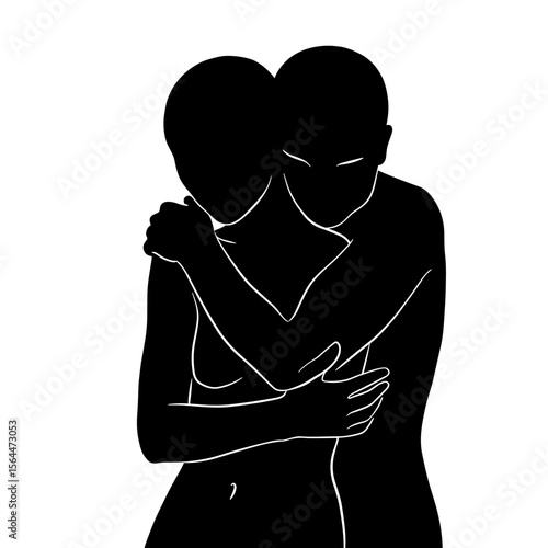 Two abstract figures embracing in intimate silhouettes  