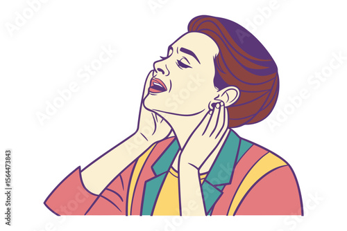 A woman with her eyes closed and hands to her face expresses a moment of intense emotion or feeling with a vibrant retro inspired color palette