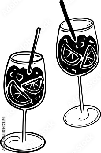 Two aperol spritz hand drawn vector illustration. Summer citrus cocktail glass sketch doodle drawing. Summer beach bar drink. Italian vacation alcohol drink. Orange beverage aperitif