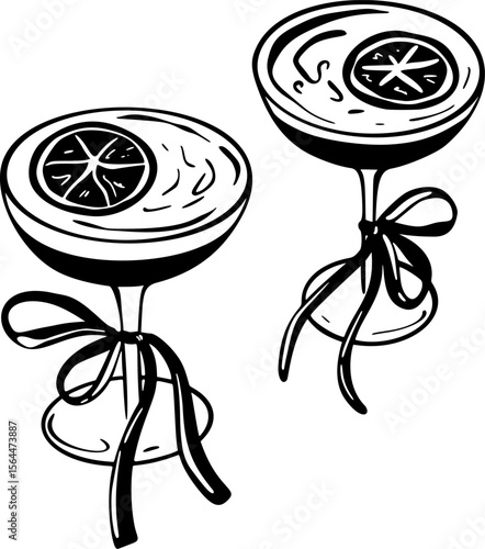 Hand drawn doodle illustration of two cocktail glasses with bows. Cheers toast. Cute coquette style girly vector illustration. Christmas, New year, wedding, Birthday, bachelorette party celebration