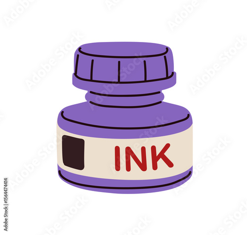 Ink bottle, jar. Closed inkwell container. Inkpot with calligraphy liquid. Ca...