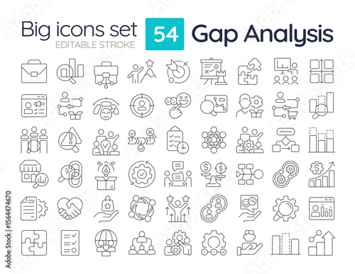 Gap analysis line icons set. Research difference between current and future performance. Organization change. Isolated vector outline illustrations. Thin lineart iconset symbols. Editable stroke