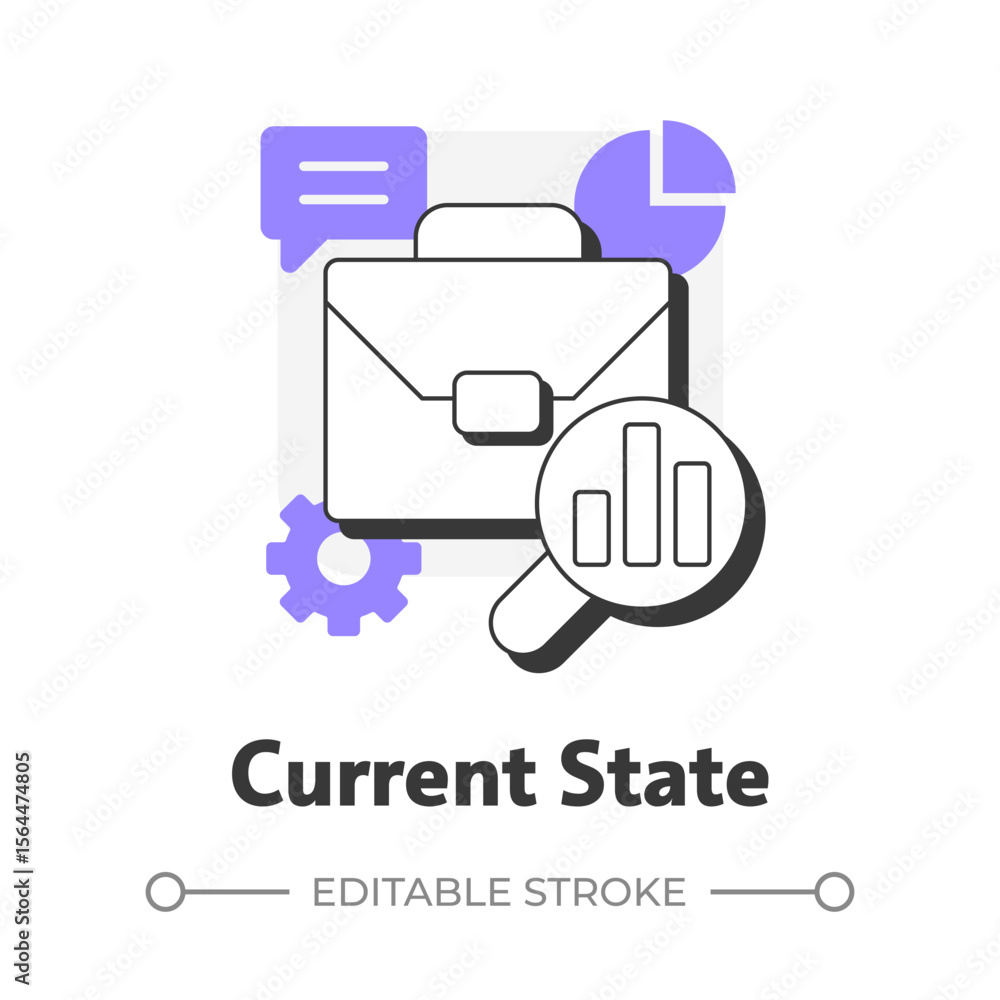 Fototapeta premium Current state flat outline concept icon. Collecting data about present condition problems. Stage of gap analysis. Modern line illustration with purple glyphs. Conceptual visual. Easy to edit