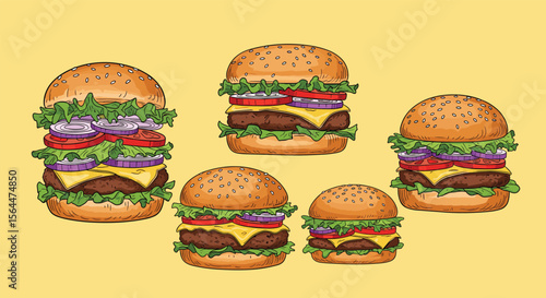 A Delightful Assortment of Delicious Pixel Art Burgers Featuring Fresh Ingredients and Buns