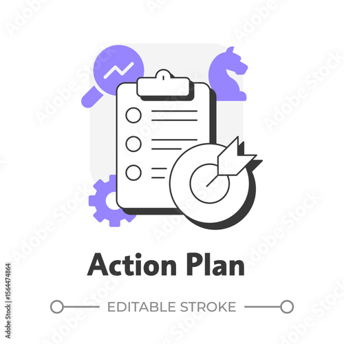 Action plan flat outline concept icon. Evaluate solutions for organization change realization. Stage of gap analysis. Modern line illustration with purple glyphs. Conceptual visual. Easy to edit