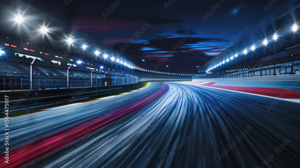 Fototapeta premium Speeding race track at night under stadium lights with dramatic sky