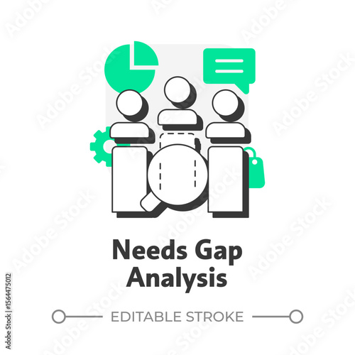 Needs gap analysis flat outline concept icon. What customers and users truly demand. Public sector services work. Modern line illustration with green glyphs. Conceptual visual. Easy to edit