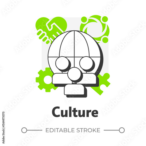 Culture flat outline concept icon. Shared values, beliefs, behaviors and norms. Nadler Tushman congruence framework. Modern line illustration with green glyphs. Conceptual visual. Easy to edit