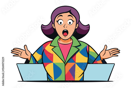 Shocked woman with purple hair and colorful geometric jacket gesturing widely behind a desk with laptops