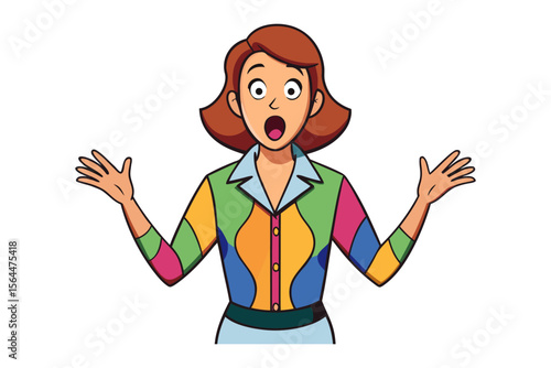 A surprised woman with wide eyes and an open mouth gesturing with her hands wearing a colorful patchwork shirt and light blue skirt